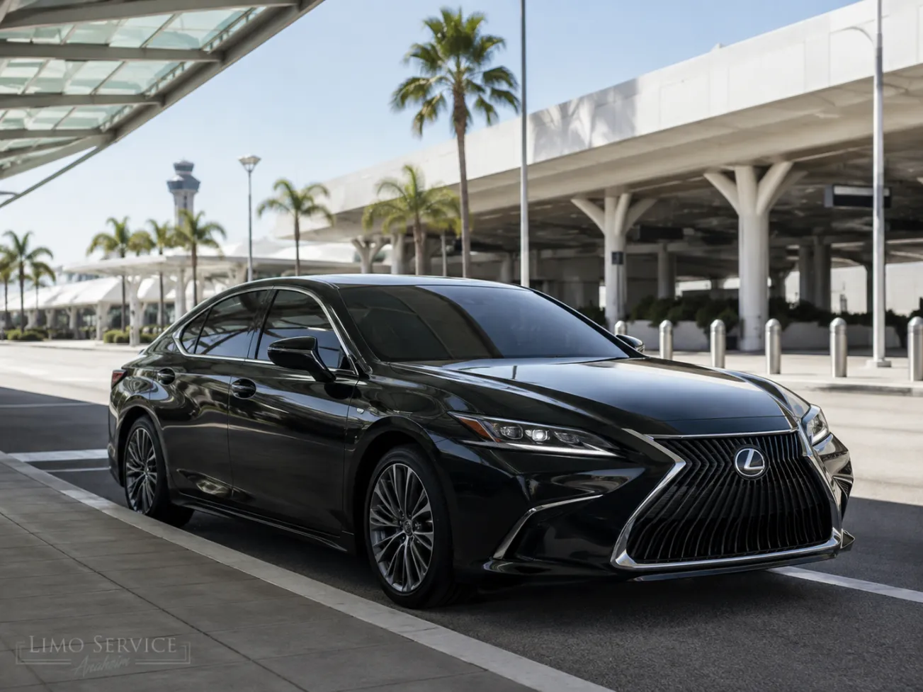 Black Lexus sedan providing Anaheim to LAX car service for airport departures
