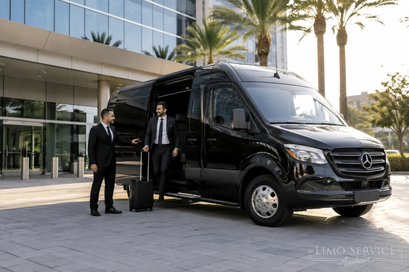 Black Mercedes Sprinter business transportation for corporate meetings in Anaheim