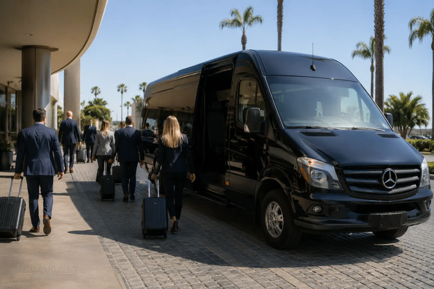 Black Mercedes-Benz Sprinter corporate airport transportation for groups visiting Anaheim